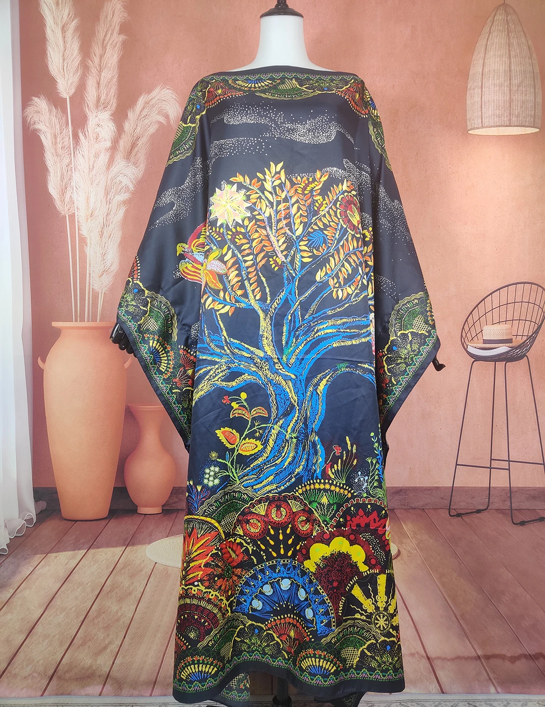 

Middle East Blogger Recommend New Printed Twill Silk Summer Loose Kaftan Maxi Dress Oversize Dashiki Muslim Lady Boubou