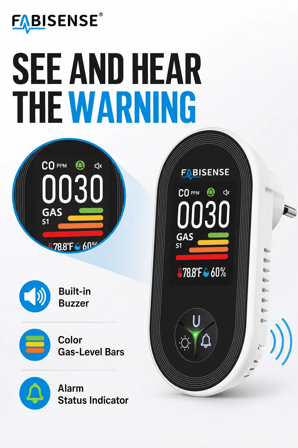 FABISENSE 4-in-1 Plug-in-Kohlenmonoxid- und Gasdetektor, CO-Alarm, Gasanalysator-Display mit Feuchtigkeits-/Temperatursensor für Zuhause – Detail 6