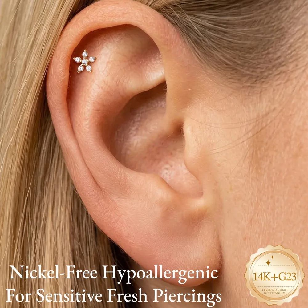 DIeSchein 14K Solid Gold Star CZ Cartilage Stud Earring Internal Thread Flat Back Labret Piercing Jewelry For Women