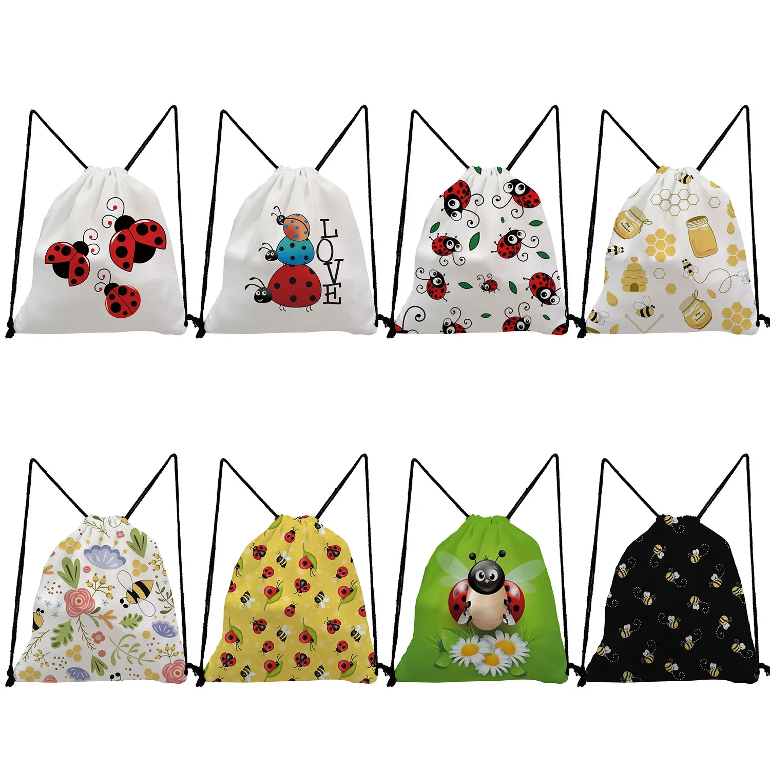 Customized Cute Insect Print Casual Backpacks for Students Bee Ladybug Pattern Drawstring Pocket Gift Simple Portable Shoes Bag