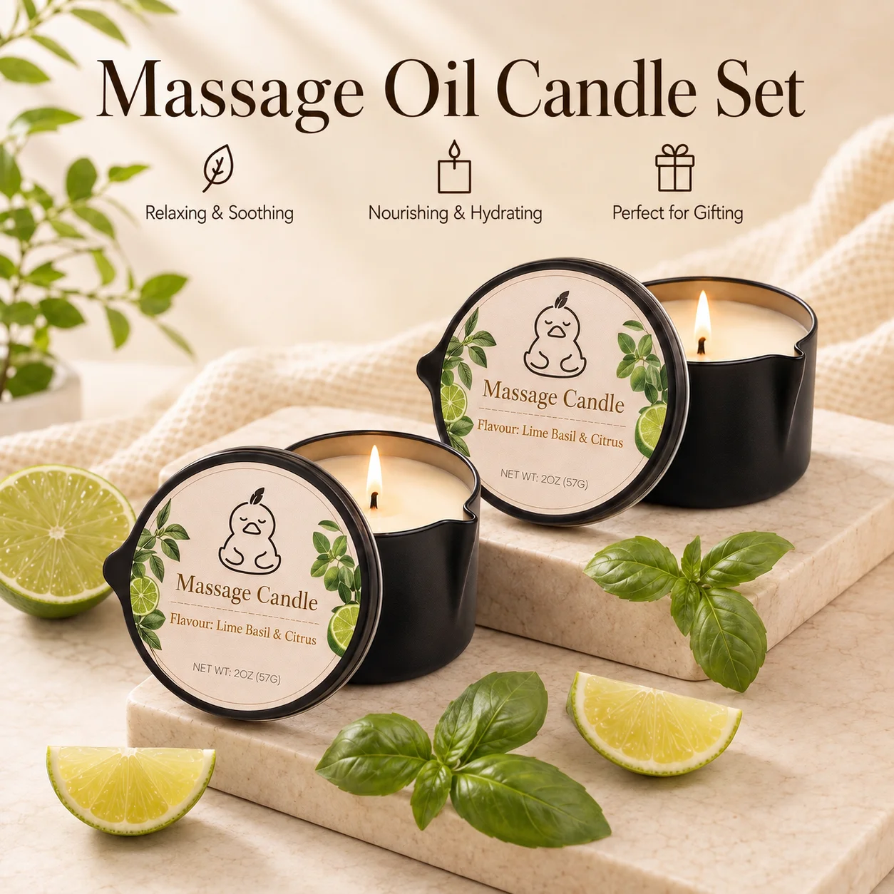 Holiday Candle Set - 2-pack limoen-basilicum & citrus massageoliekaarsenset, 2oz