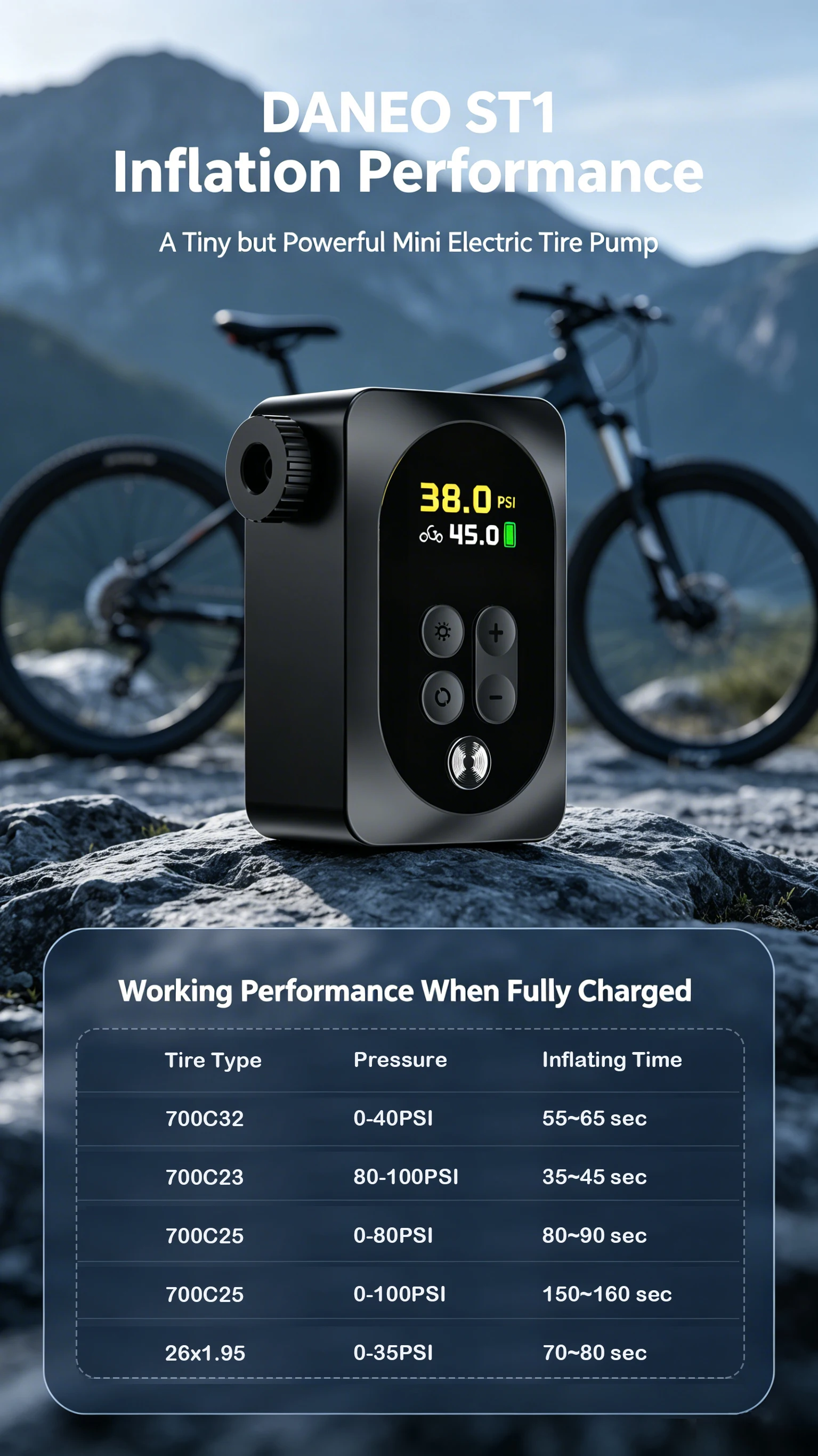 DANEO 150PSI Tragbare Luftpumpe Mini Elektrischer Schnellreifenfüller mit Digitalanzeige für Rennrad, Mountainbike, E-Bike – Detail 1
