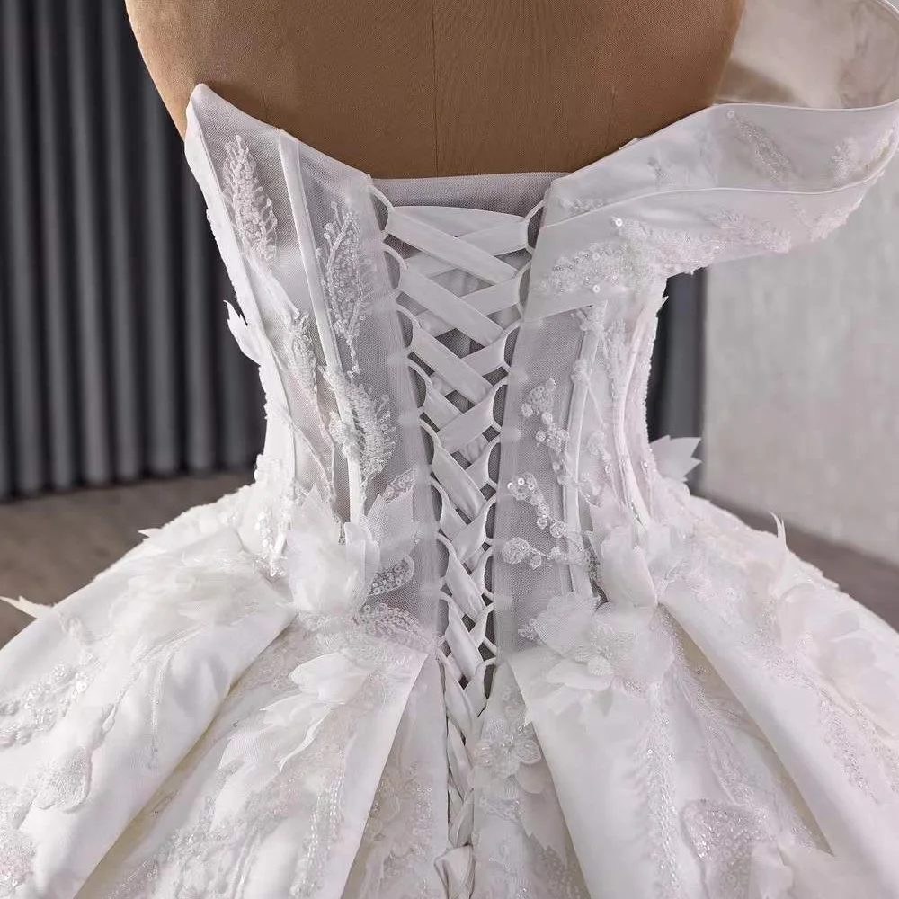 Vestidos Noivas Satin One Shoulder Ball Gown Lace Up Back Flower Satin Off White Bridal Dress