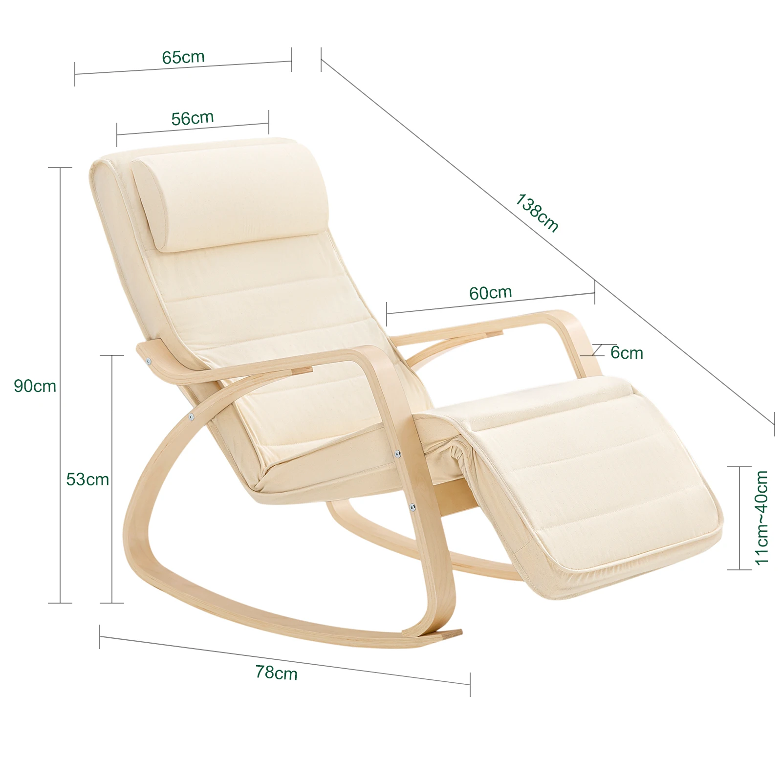 SoBuy FST16 Neu-Schaukelstuhl 5-Fach verstellbares Fussteil Schwingsessel Relaxsessel Belastbarkeit 150kg Birkenholz – Detail 2