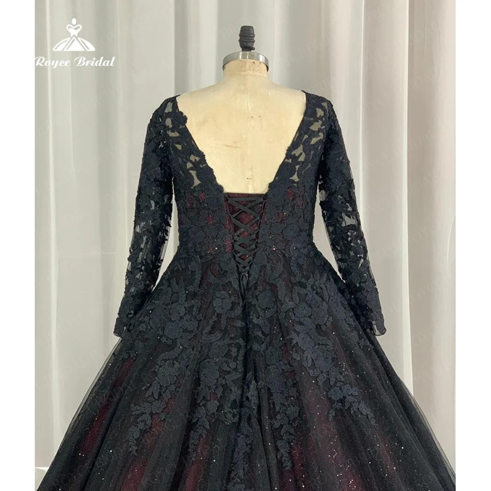 Plus Size Black Lace Wedding Dresses For Women 2023 V Neck Ball Gown Long Sleeve Brides Grown Appliques Lace Up Robe De Mariee