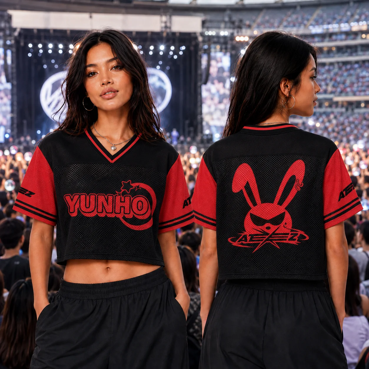 2026 Kpop ATEEZ YUNHO & Members Cropped Mesh Jersey Women V-Neck Short Sleeve Crop Top Concert Fan Support Streetwear Tee