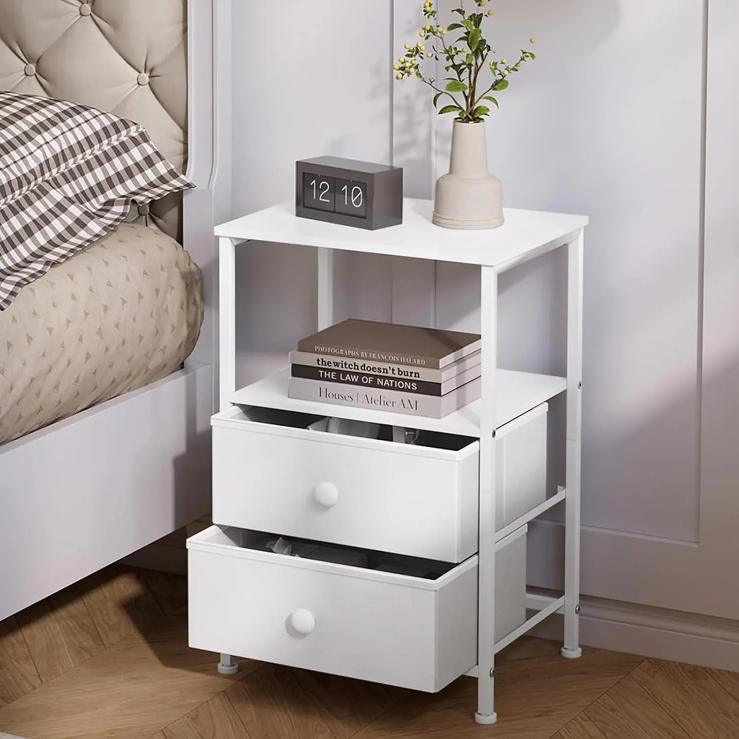 Eugad Mesa de Noche de 40x60x30cm con 2 Cajones y 1 Estante, Mesa Auxiliar de Tela No Tejida Blanca para Dormitorio, Organizador de Mesita de Noche