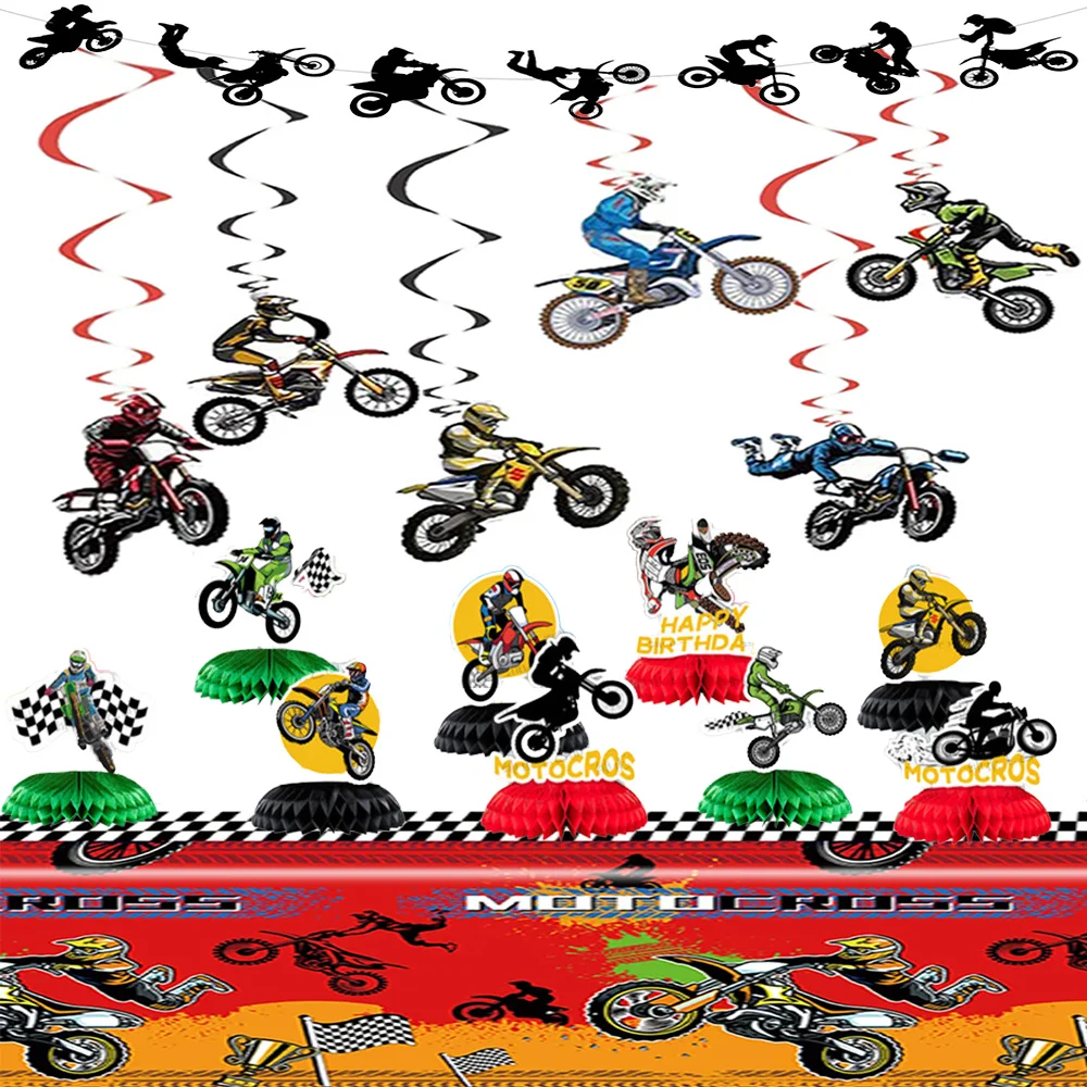 Motorcycle Birthday Decorations Dirt Bike Party Kit Hangling Swirls, Extreme Sports Racing Banner Table Centerpieces for Boys