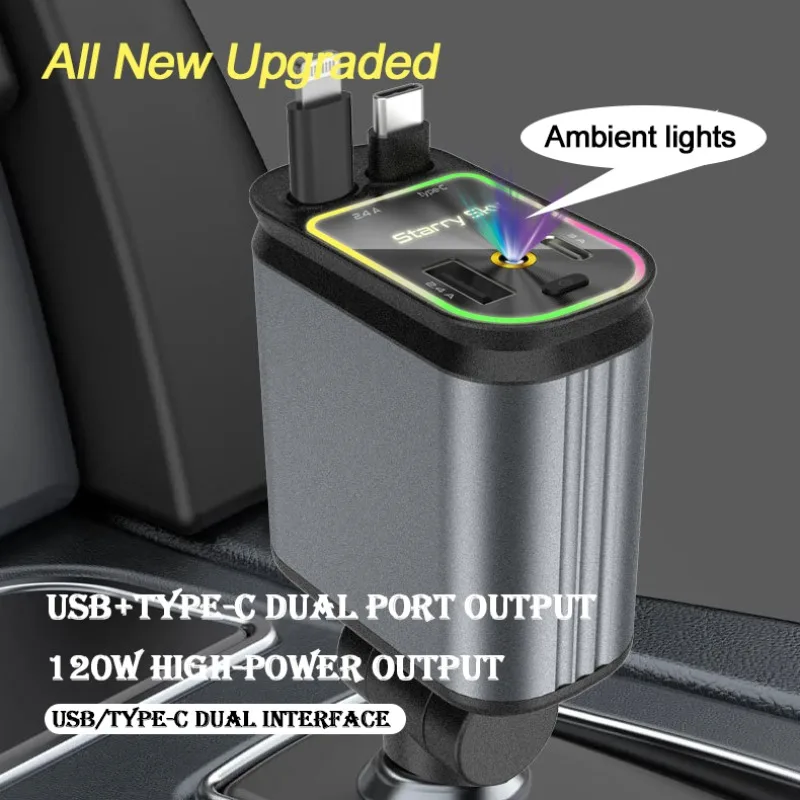 

Выдвижное автомобильное зарядное устройство 5-в-1, 120 Вт, звездный свет на крыше автомобиля, звездный ночник, адаптер для быстрой зарядки типа C, автомобильное зарядное устройство с двумя кабелями