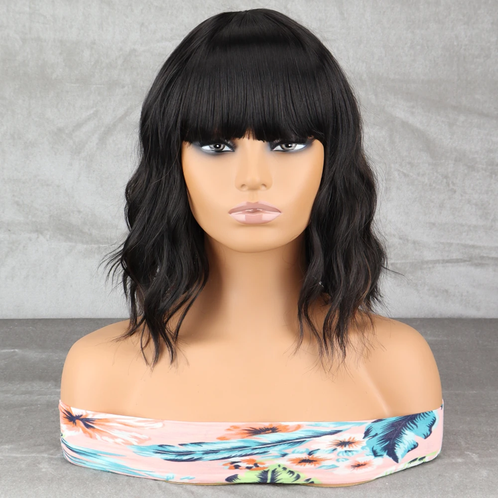 Synthetic Short Black Brown Bob Wavy Synthetic Wig For Women With Bangs Daily Natural Heat Resistan Fiber Female Cospaly Wigs