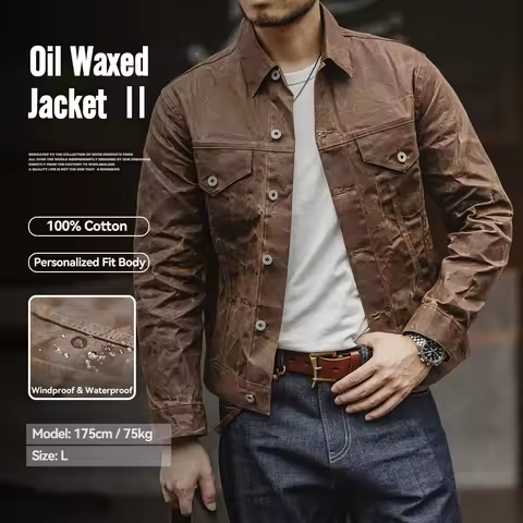Maden Amekaji Retro Male Oil Waxed Jacket Canvas Cotton Khaki Military Uniform Light Casual Work Safari Style Coats Man Clothing