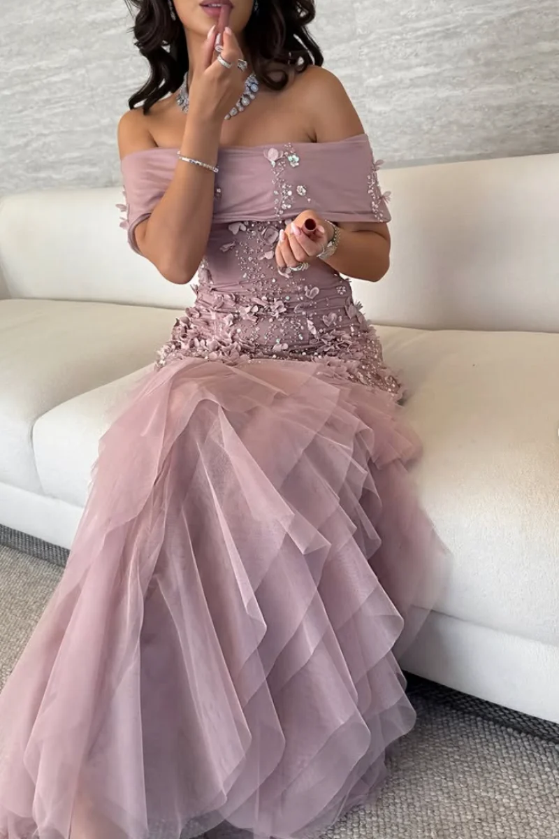 فساتين سهرة Jessica Glitter ثلاثية الأبعاد رائعة باللون الوردي الفاخر للحفلات الراقصة والمناسبات الرسمية فيستدوس دي غالا مخصصة