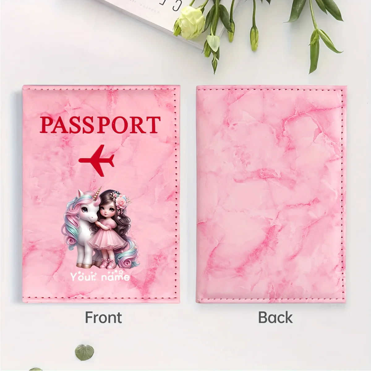 Unicorn Girl Pattern PU Passport Holder With Golden Plane Icon, Card Slot Travel Wallet Gift For Travelers Business Users view 5