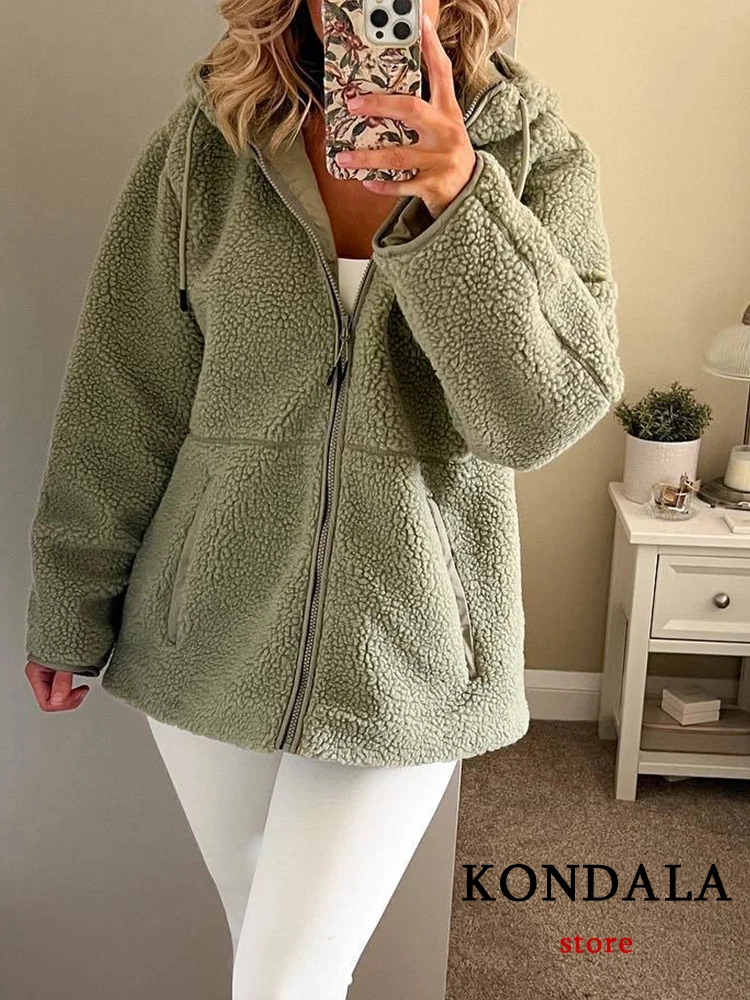 KONDALA New Chic Warm Green Fleece Jacket Hooded Zipper Pockets Soft Fluffy Material 2023 Autumn Winter New Loose Women Outwear