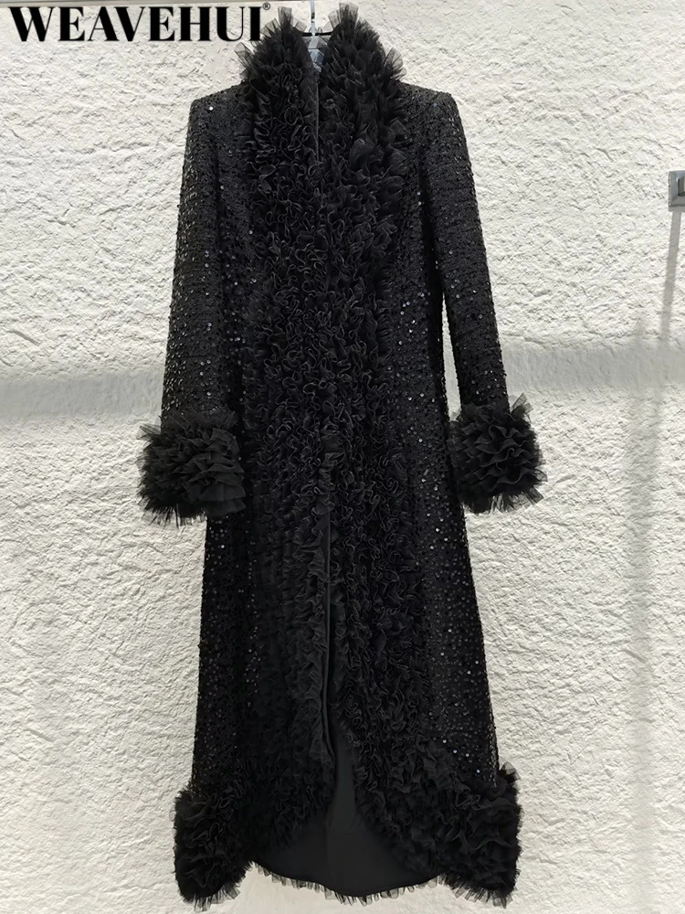 WEAVEHUI Women Solid V-Neck Long Sleeves Single Breasted Pockets Sequins Decorate Winter High Street Premium feel Overcoat