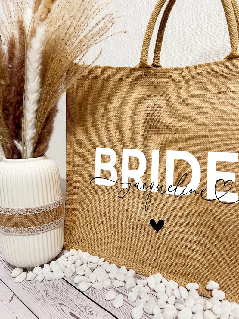 Personalized Jute Bag for Bride Wedding Day Bridesmaid Beach Bags Junior Jute Tote Bag With Desired Name Custom Shopping Bags