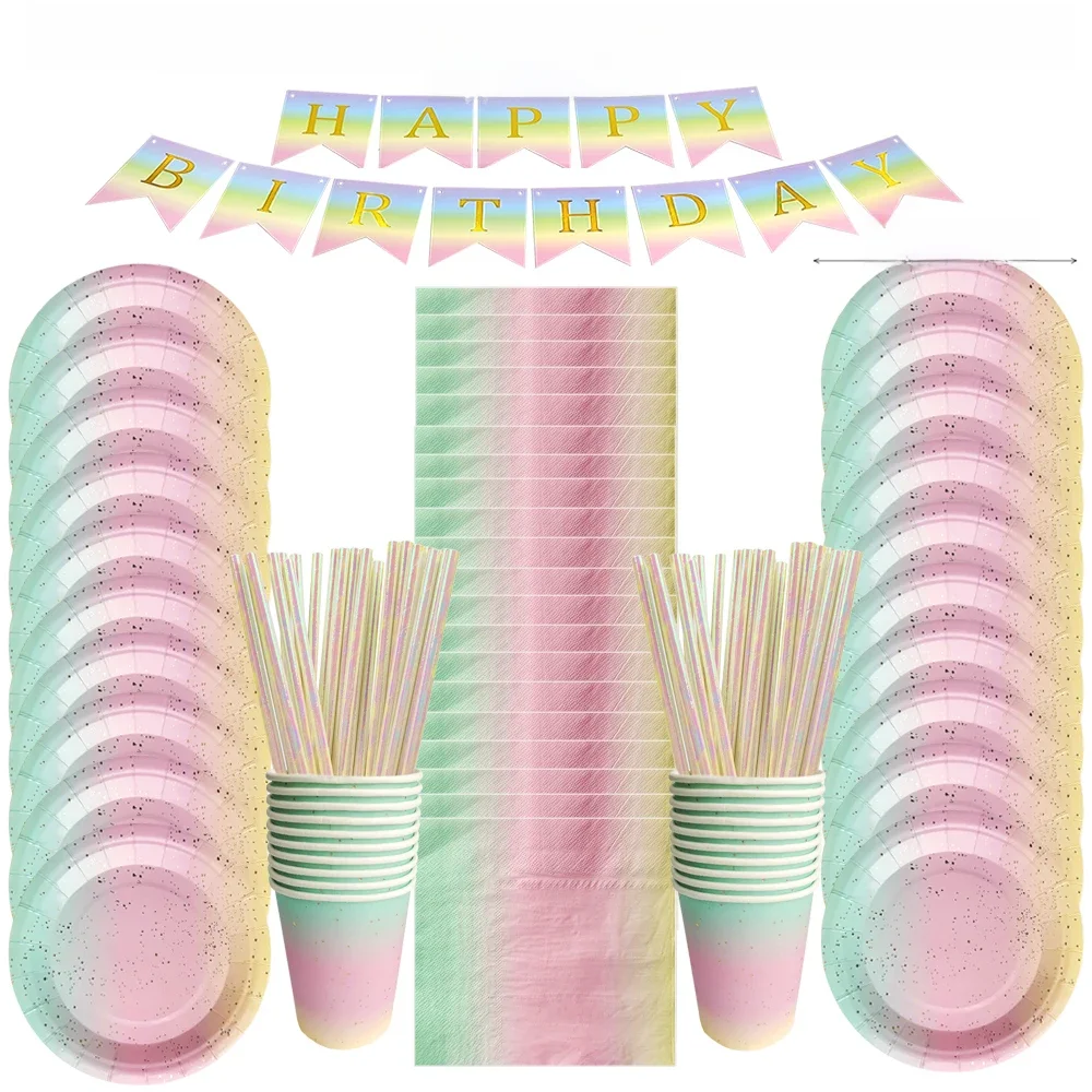 Zestaw jednorazowej zastawy stołowej w kolorze tęczy Papierowy talerz Papierowy kubek Obrus Urodziny Ślub Baby Shower Dekoracja Party Supplies — zdjęcie 2
