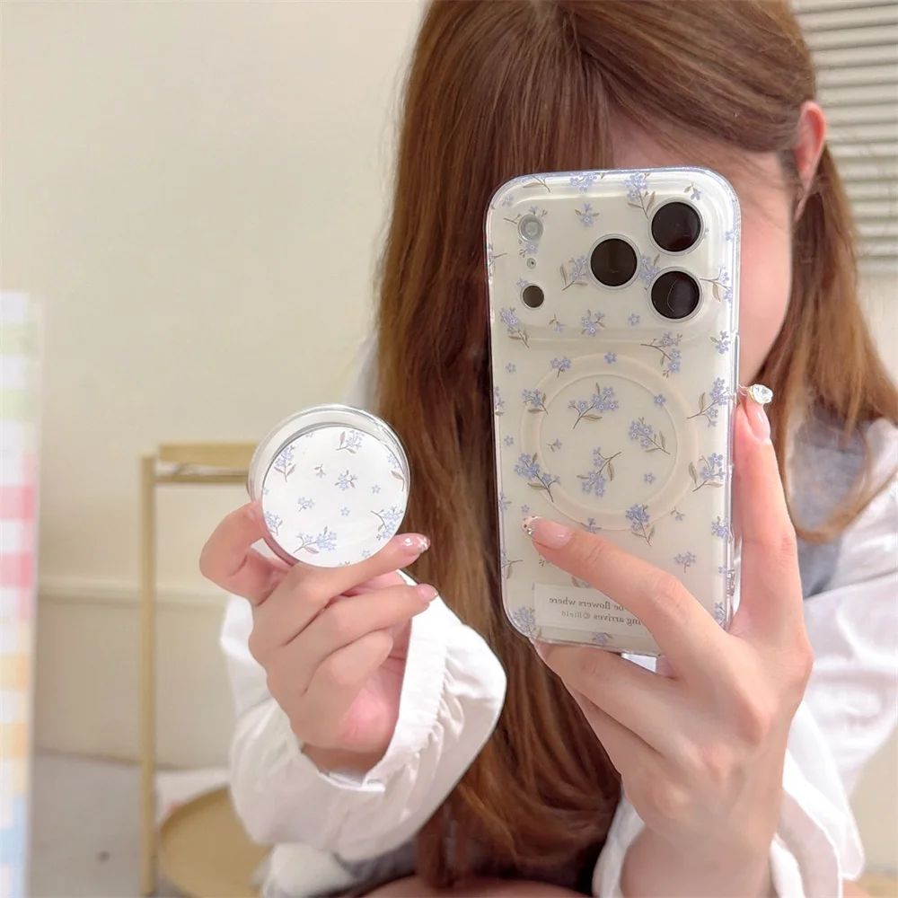 حافظة هاتف بحامل مغناطيسي لطيف وجديد من الزهور الزرقاء FRO مناسبة لهاتف iPhone 17pro، 13، 14، 15، 16 Promax أزياء مضادة للسقوط