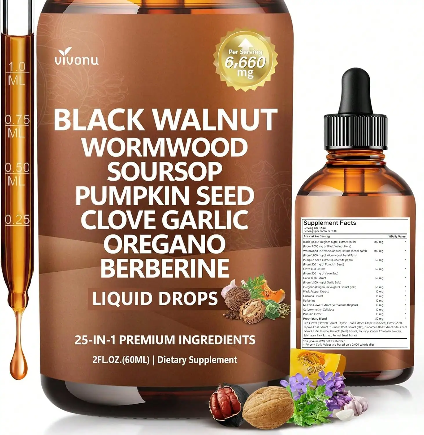 VIVONU 25 En 1 Gotas Lipídicas De Nueces Negras Y Ajenjo 6.660 Mg Purificador De Hierbas Humanas Sabor Ácido Ajo Semillas De Calabaza Coptis Chinensis Ono Púrpura Y Canela 2 Onzas Líquidas