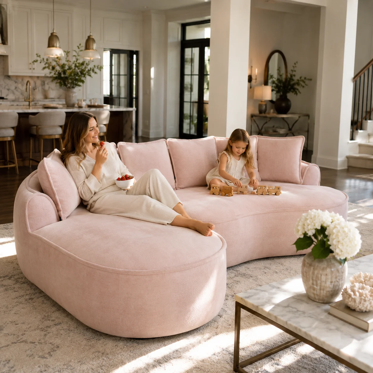 Rahmenloses Cloud Sofa aus Chenille Stoff, L-Form mit extra tiefer Sitzfläche & breiten Armlehnen, inkl. Chaiselongue & Kissen – kein Aufbau nötig, Rosa