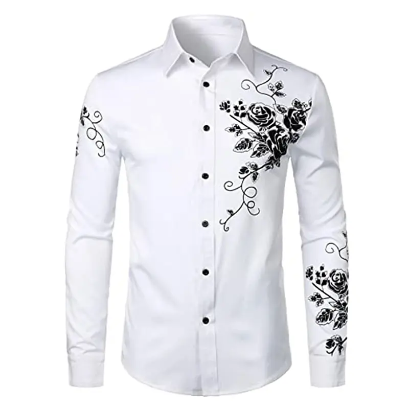 Men\'s button up shirt, collar shirt, dance shirt, black and white long sleeved floral slim fit, spring and autumn wedding party