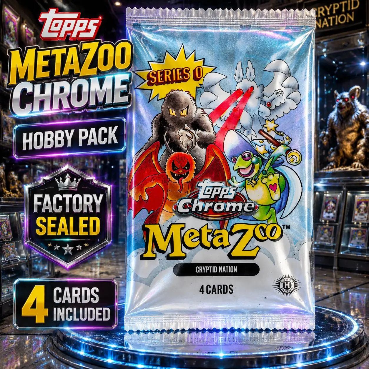 2022 Topps MetaZoo Chrome Hobby Pack – 4 Cards Per Pack, Factory Sealed Trading Card Booster Pack, Premium Cryptid Nation Collectible Cards, Chrome Refractor & Parallel Card Styles, Fantasy Trading Card Collection for Hobby Collectors & Gift Giving