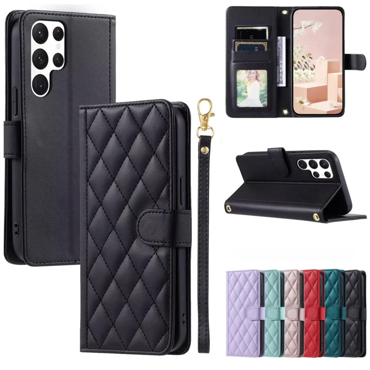 Geruite leren portemonnee-hoesje voor Samsung Galaxy S25 S24 S23 Ultra S22 S21 S20 FE S10 Note 20 10 Plus met koordje en flip-cover - afbeelding 2