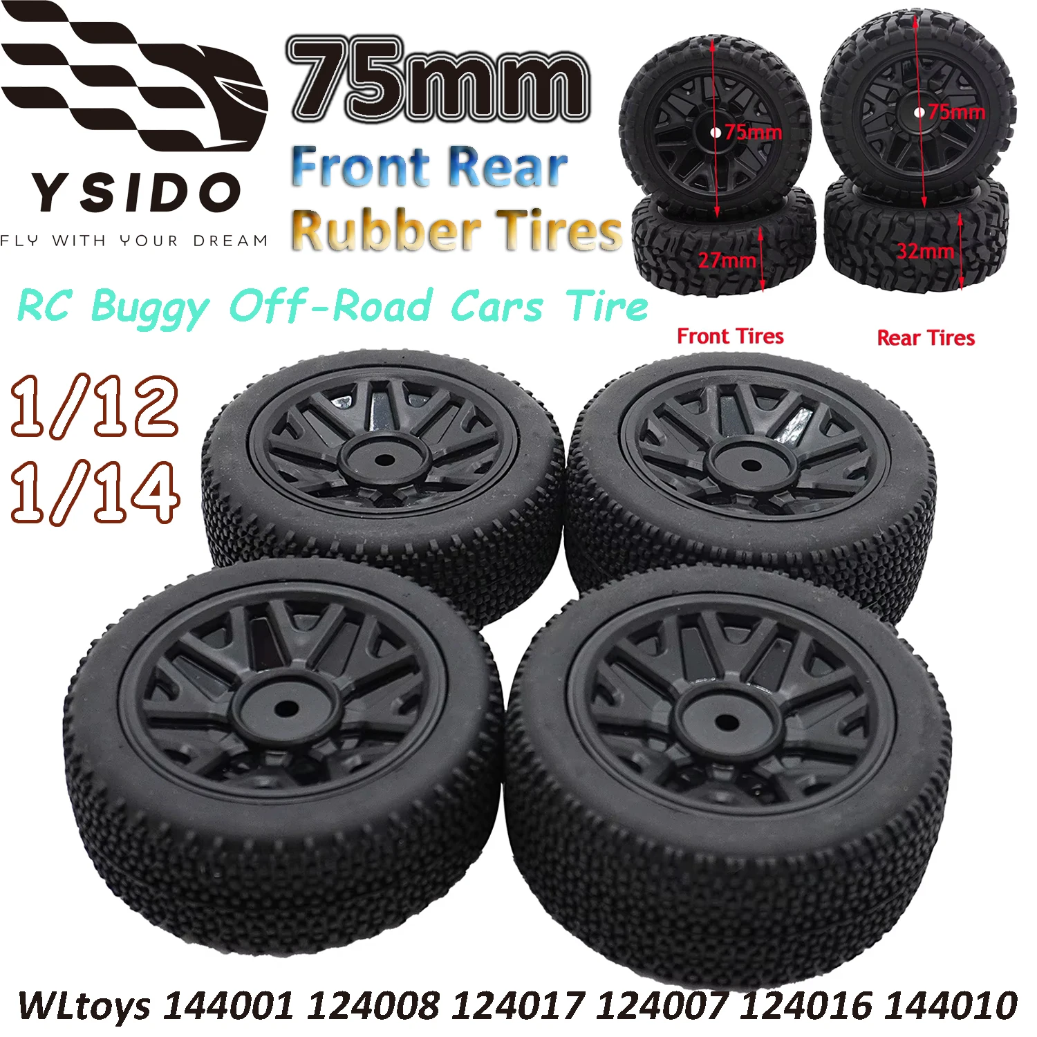 

YSIDO 75 мм передние и задние резиновые шины, нескользящие для 1/12 1/14 WLtoys 144001 124008 124017 Hyper Go MJX RC Багги, внедорожные автомобильные шины
