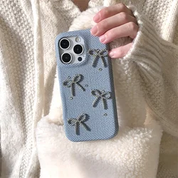Luxury Flash diamond bow Fashion denim phone case for iPhone 13 14Pro 15Pro 16Pro Max Korean Girl Simple grey case For Apple 15