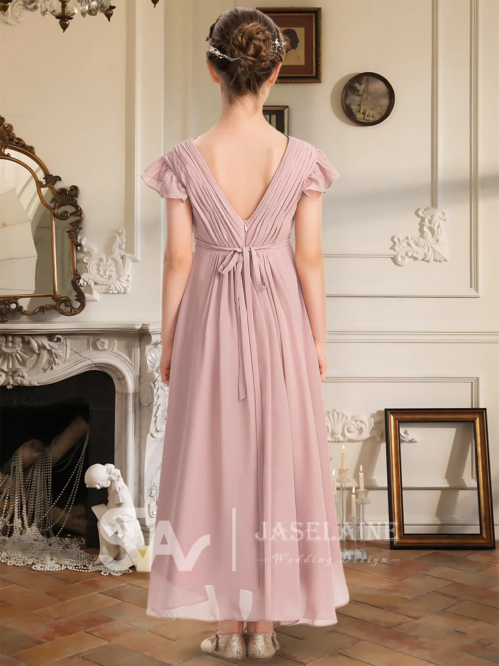 Elegant Chiffon Junior Bridesmaid Dress With V-Neck Asymmetrical Hem Bow Cascading Ruffles For Flower Girl Dress Wedding Party