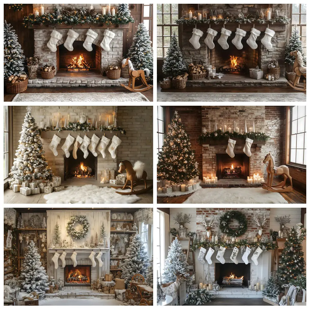 

Christmas Photography Backdrop Xmas Trees Interior Retro Fireplace Socks Gifts Wreath Kids Family Holiday Party Photo Background