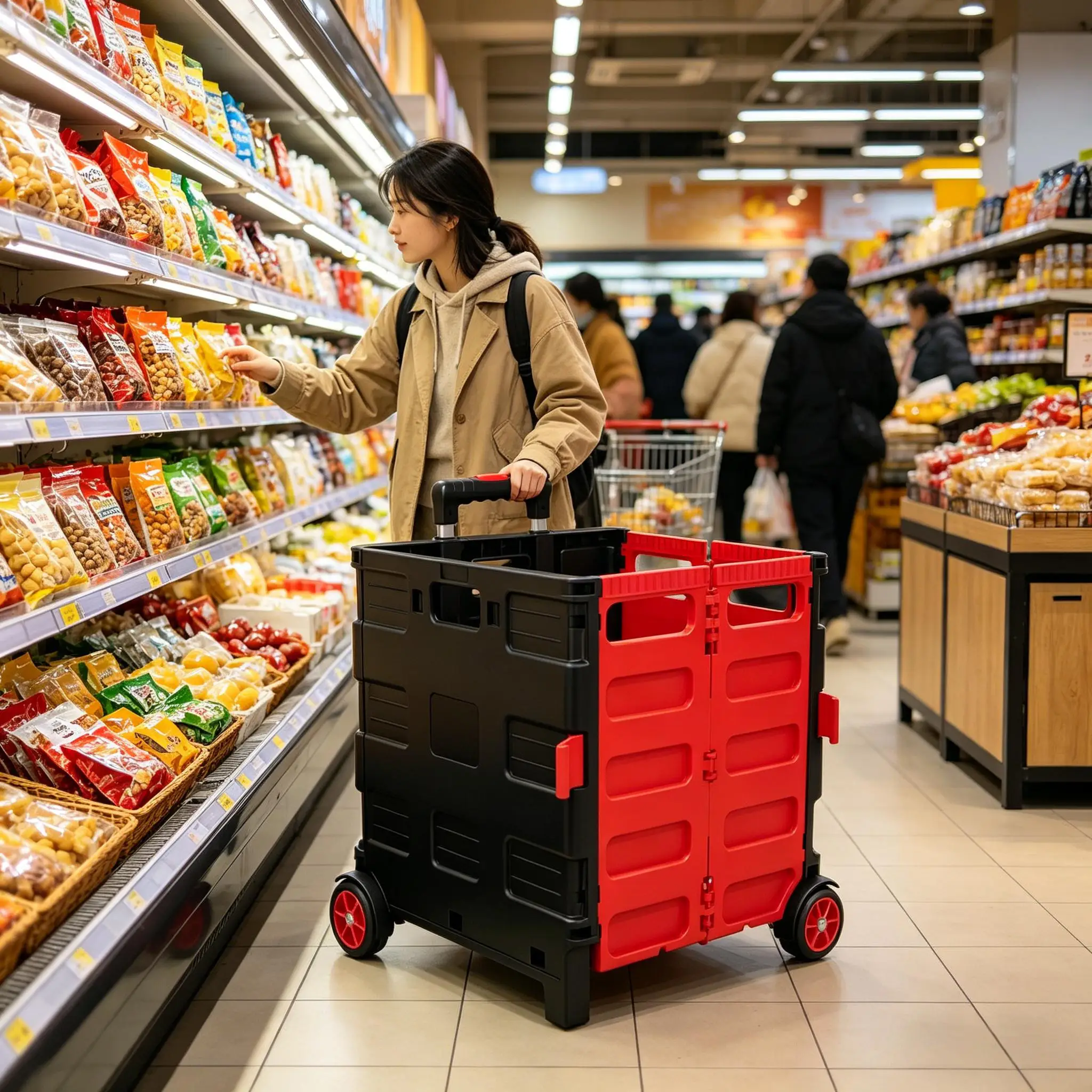 Carrito de Compras Plegable con Ruedas, Caja de Transporte Resistente Hecha de Acero Inoxidable y Plástico, Carrito Utilitario Portátil para el Hogar