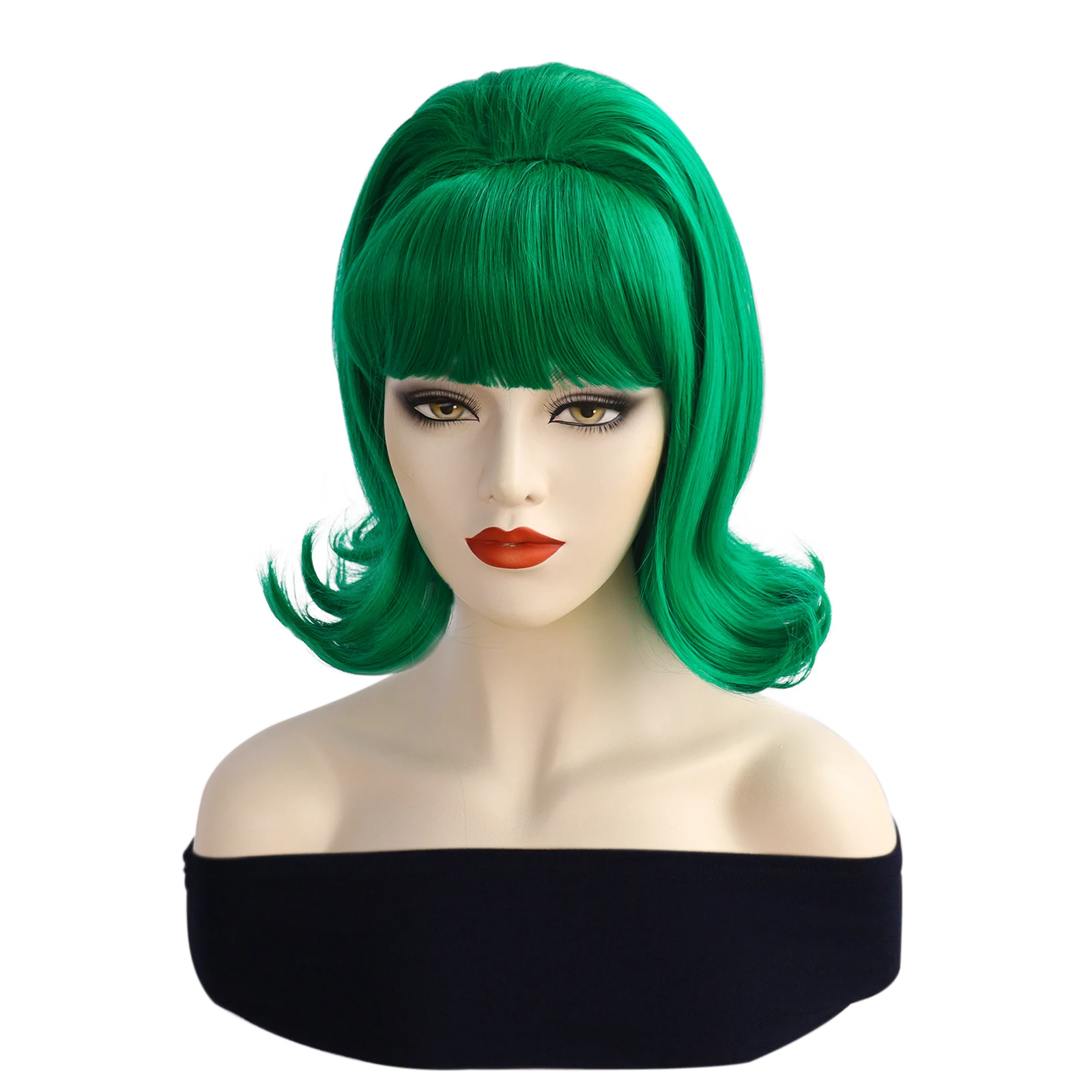 วิกผมสังเคราะห์สไตล์วินเทจวิกผมลอนแบบบีไฮฟ์ทรงสั้นย้อนยุคสีเขียวทรงเกล้ามวยสำหรับผู้หญิงวิกผมคอสเพลย์อะนิเมะหวานน่ารัก