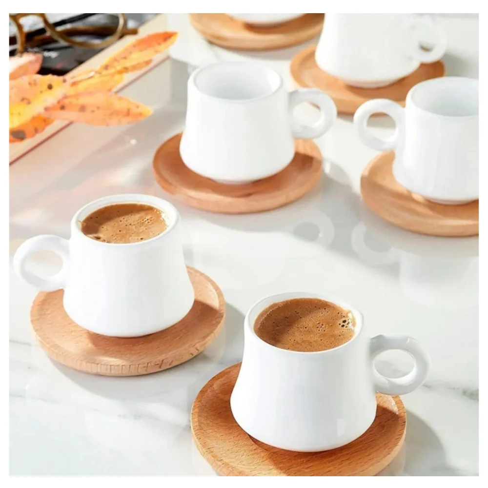 6 Person Coffee Cup Set 12 Piece Porcelain Set Wooden Bamboo Plate Base Kitchen Guest Presentation Tools And Accessories Gift moment