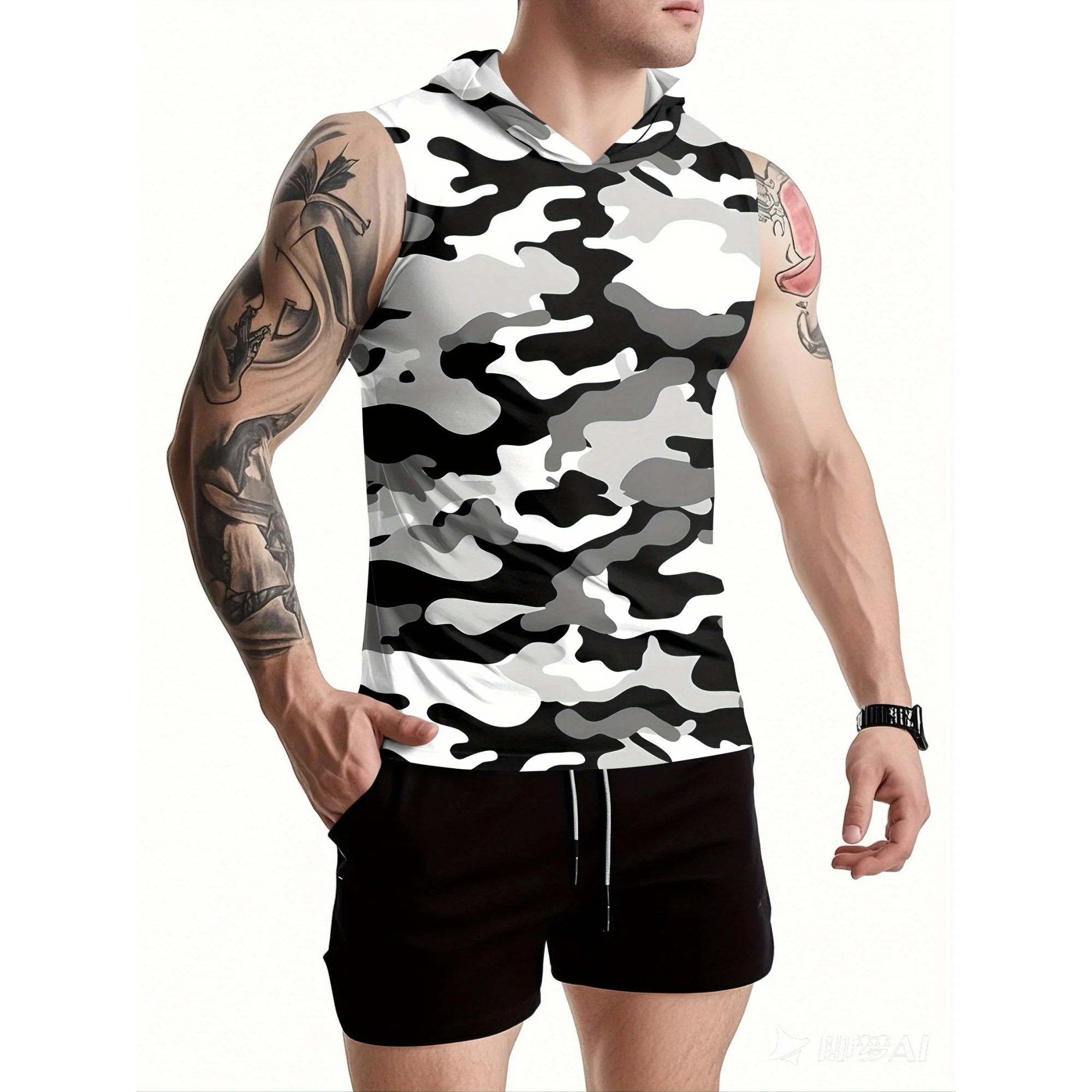 Atmungsaktives Schnee-Tarnmuster Ärmelloses Kapuzen-Trainingsshirt für Herren Vollständig Camouflage-Bedrucktes Ärmelloses Laufshirt für Jagd, Angeln und Sport – Detail 3