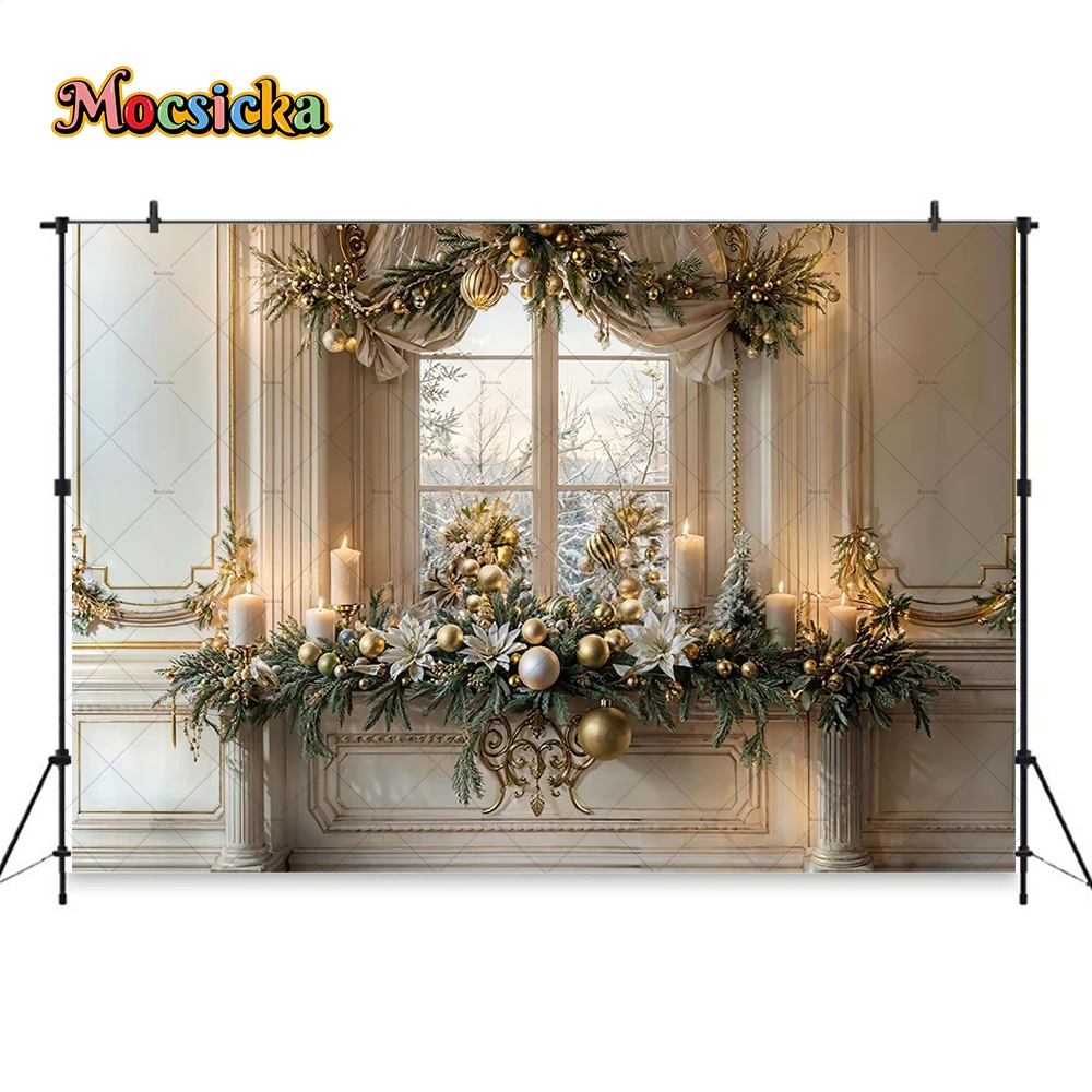 3D Christmas Background Photography Studio Vintage Beige Room Window Candle Wreath Backdrop Decor Family Kids Winter Xmas Photo