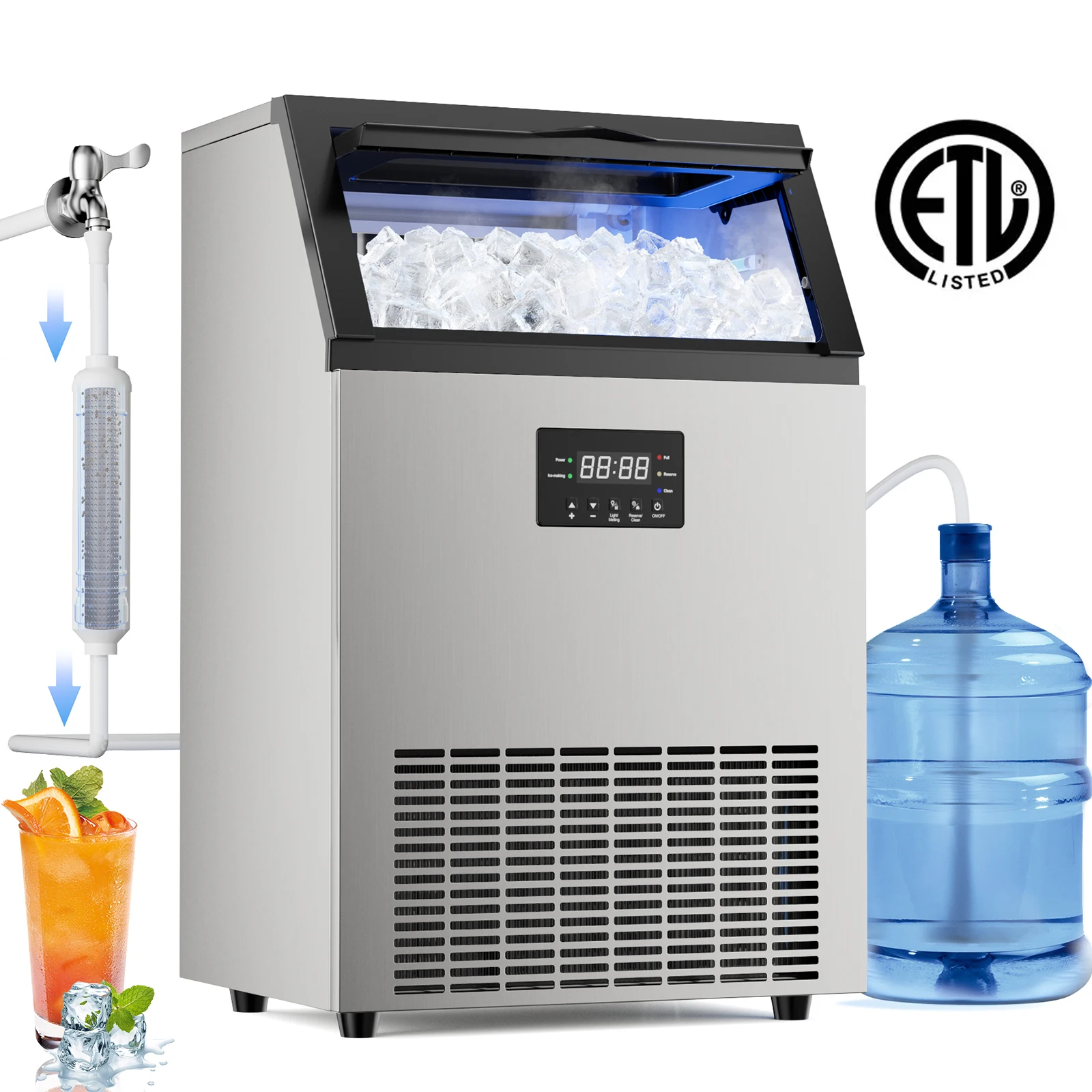 ماكينة صنع الثلج التجارية المعتمدة من ETL بسعة 200 رطل/24 ساعة، سعة 45 رطلًا قائمة بذاتها وصانعة الثلج تحت العداد، مكعبات ثلج شفافة