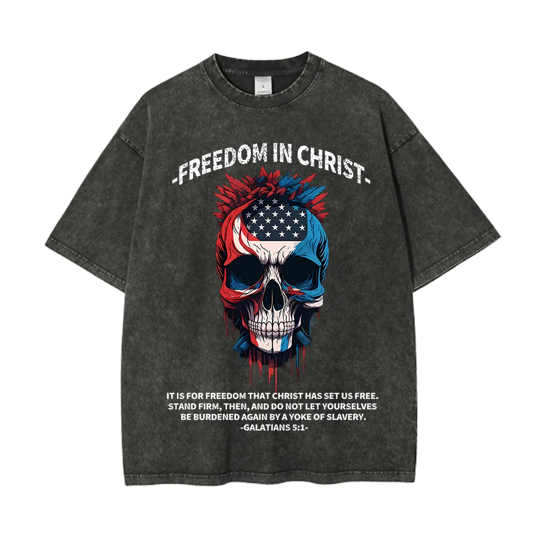 

Freedom In Christ Independence Day Christian Washed T-Shirt Women’s Crewneck Short Sleeve Casual Unisex Tops Oversized Tees