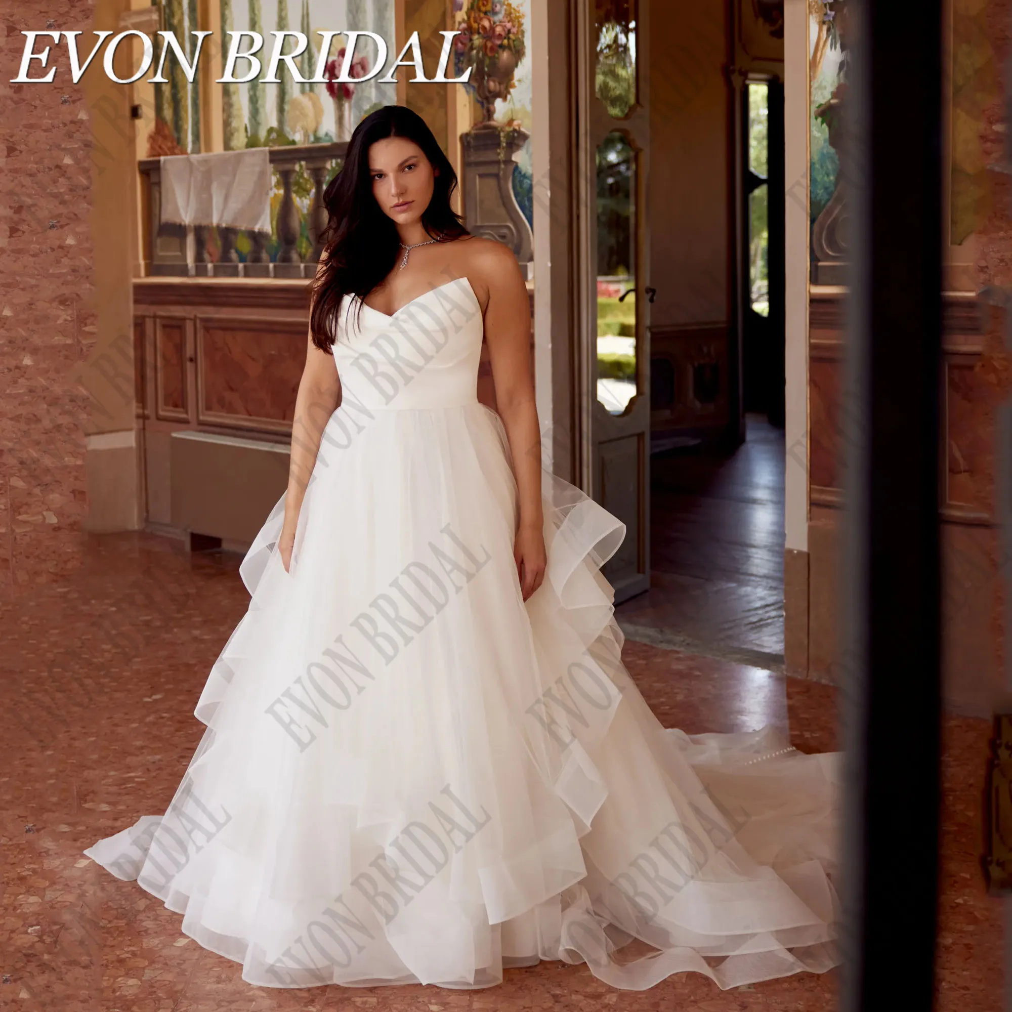 

EVON BRIDAL Plus Size Elegant Wedding Dress Strapless Tiered Tulle Bridal Dress Backless A Line vestidos de novia Customized