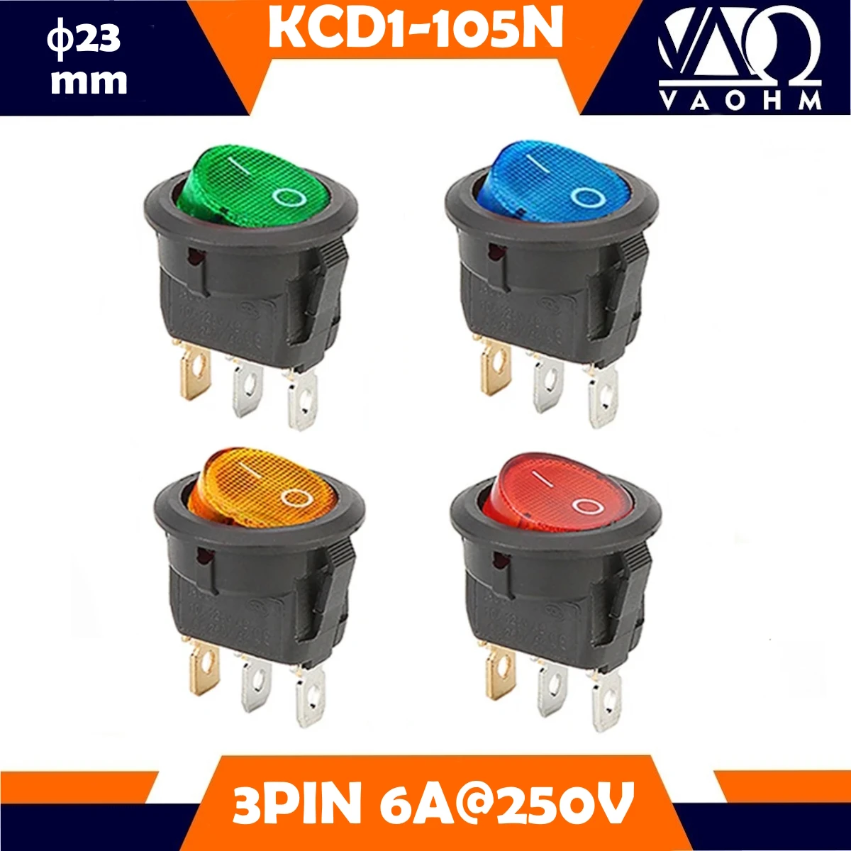 KCD1-105N ON-OFF Rocker Switch With Light SPST 3 Pins Copper 23mm 6A 250VAC/10A 125VAC