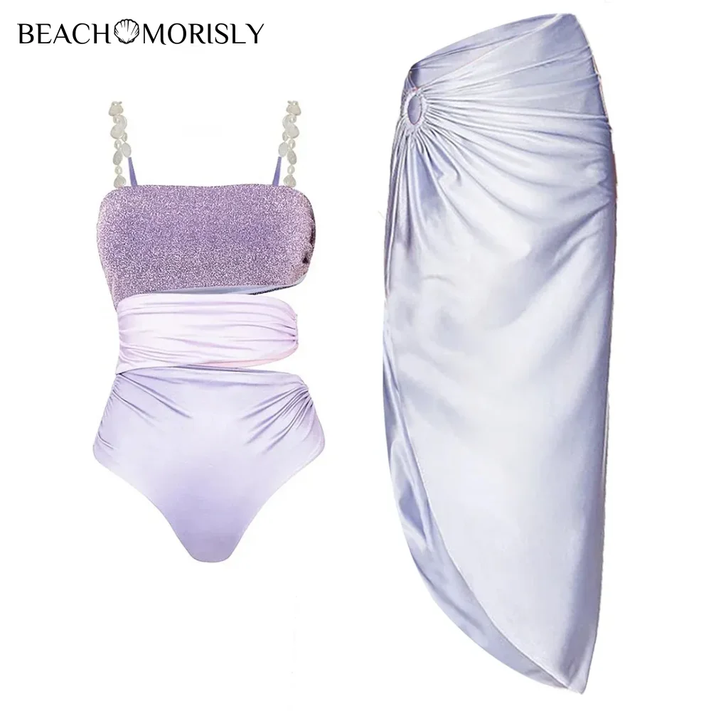 2024 Pearl Shoulder Strap Cutout Shiny Texture One Piece Swimsuit and Skirt  Swimwear Women Beachwear Bathing Suit bikini set