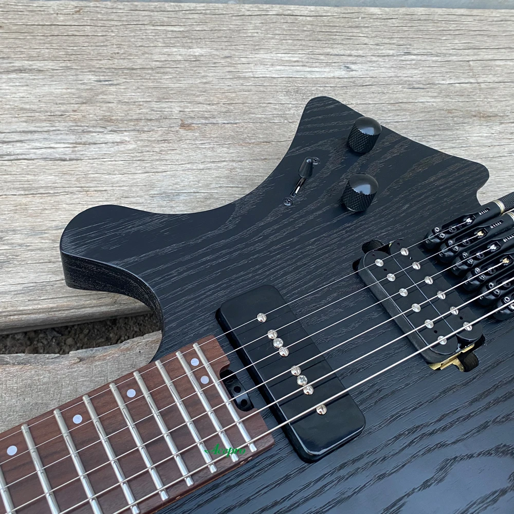 Acepro Upgraded Satin Black Headless Electric Guitar, P90+Humbucker, Roasted Maple Neck, Jumbo Stainless Steel Frets