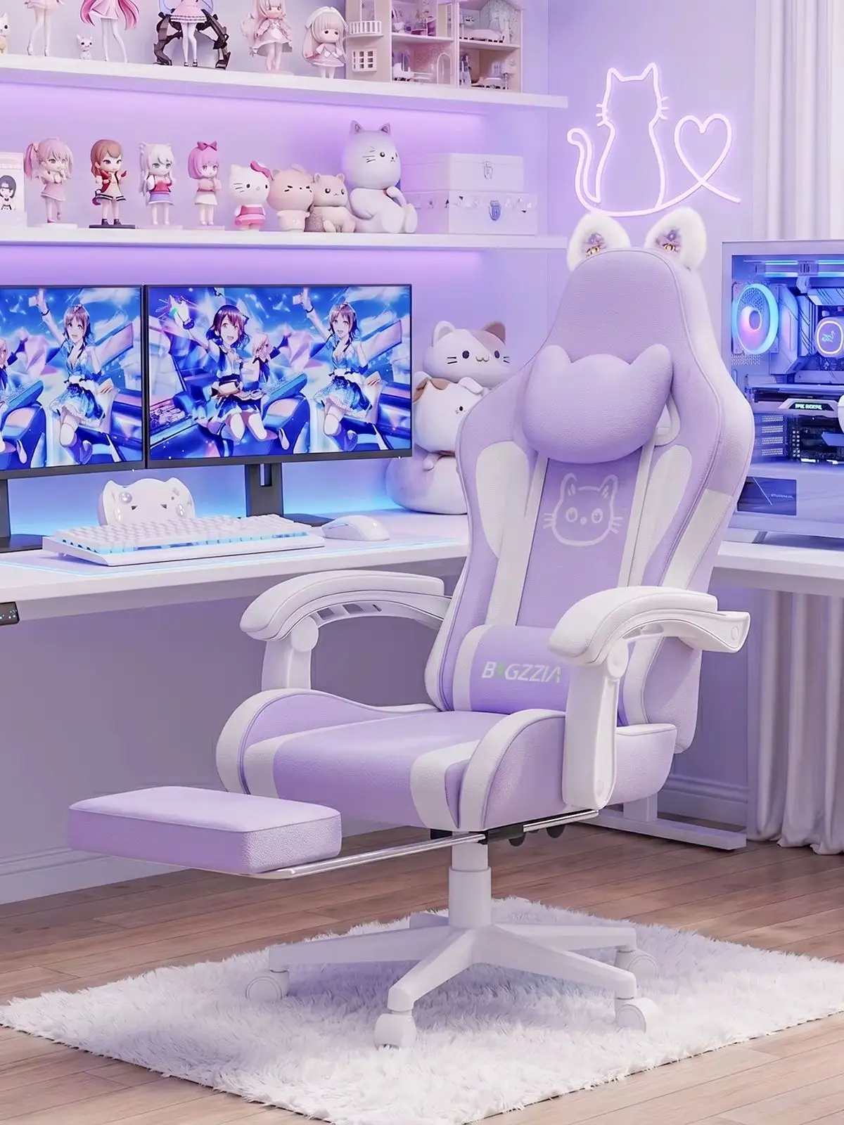 Dryfeedo Gaming-Stuhl mit Katzenohren, ergonomischer Gaming-Stuhl für Zuhause, Massage-Lendenwirbelstütze und Fußstütze – süßer Computerstuhl für Mädchen mit Kopfstütze, verstellbar, 290 lbs Tragkraft