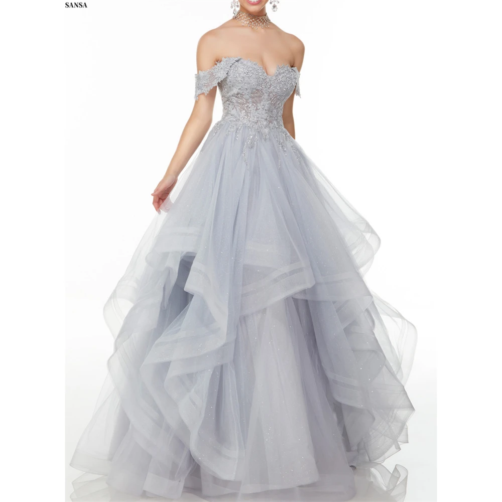 

Sansa Customized Grey Flower A-line Off the Shoulder Prom Dress Corset Sleeveless Vestidos De Noche Floor-Length Formal Evening