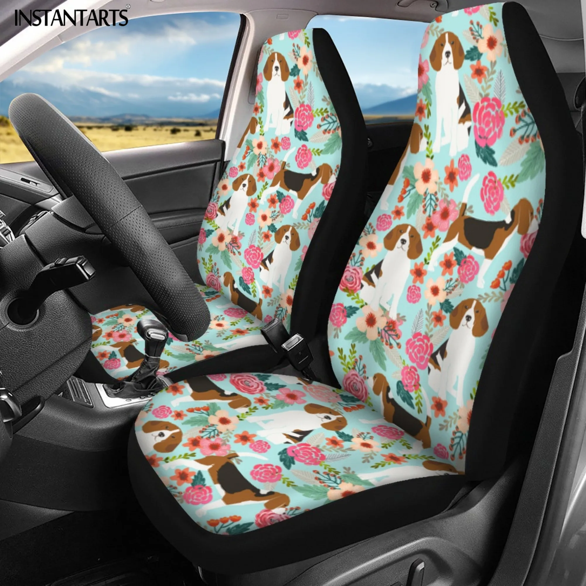 INSTANTARTS Vehicle Cartoon Seat Cushion Lovely Floral Dog Pattern Breathable Polyester Covers Colorful Beautiful Auto Ornaments