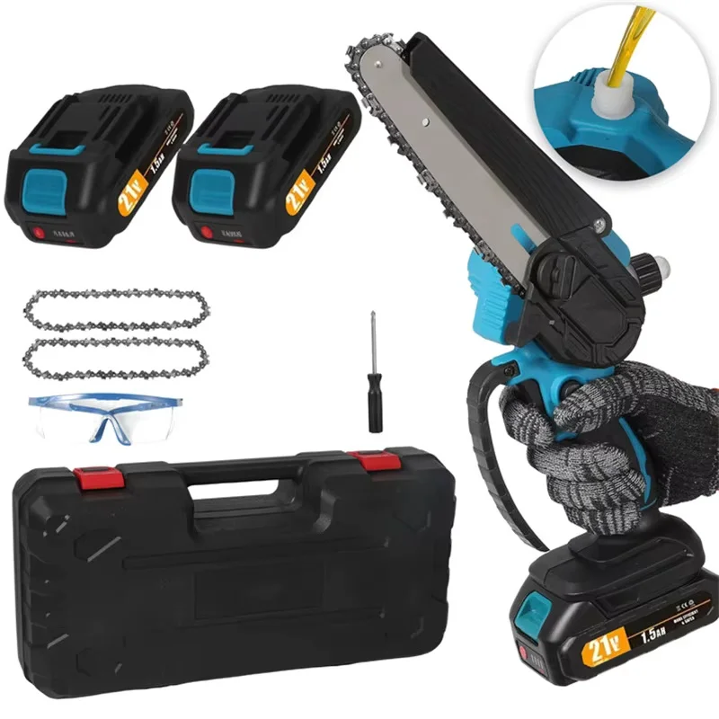 Image of Mini-Kettensäge 6 Zoll, tragbare Kettensäge mit Sicherheitsverriegelung, 2 Ketten, 21V wiederaufladbarer Akku, elektrische Kettensäge, kabellos