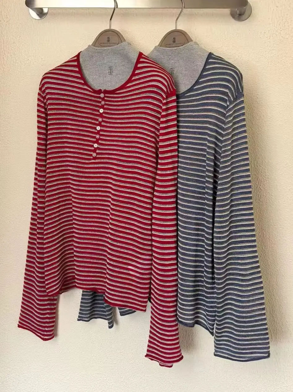 Casual Round Neck Color Block Striped Henley Collar Knitted Sweater