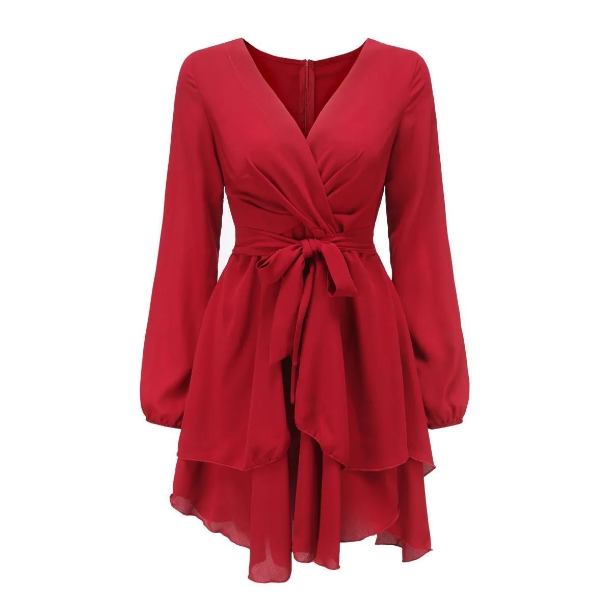 فستان نسائي أوروبي عالي الخصر ورقبة على شكل حرف V وأكمام طويلة، تنورة قصيرة غير رسمية على شكل حرف A بلون سادة