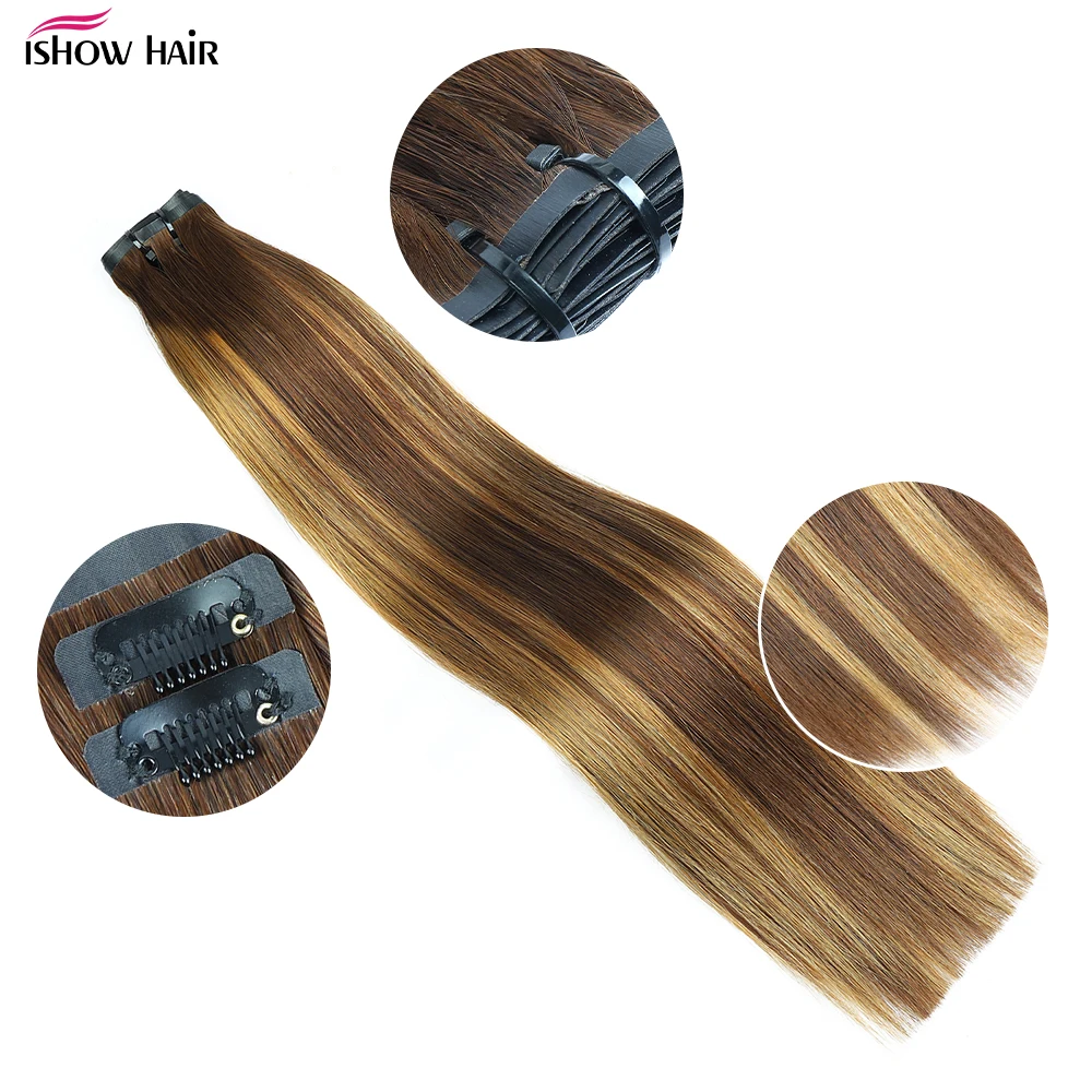 Ishow تسليط الضوء على كليب في شعر مستعار بشري P4/27 اللون البني مستقيم كليب في الشعر التمديد 7 9 قطعة/المجموعة كامل الرأس للنساء #4