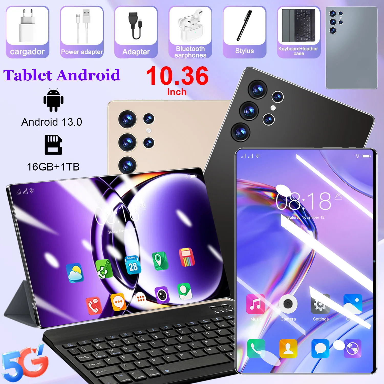 Tablette Android 10,36 pouces, version globale, 16 Go de RAM, 1 To de ROM, Android 13.0, 14 cœurs, 20000 mAh, Bluetooth, WIFI, double caméra 16MP et 32MP, double carte SIM, Type-C, tablette PC